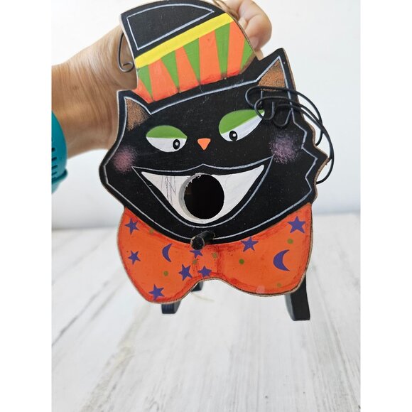 Mini cat birdhouse Halloween unique decor wooden jointed shabby chic hanging - Picture 5 of 14